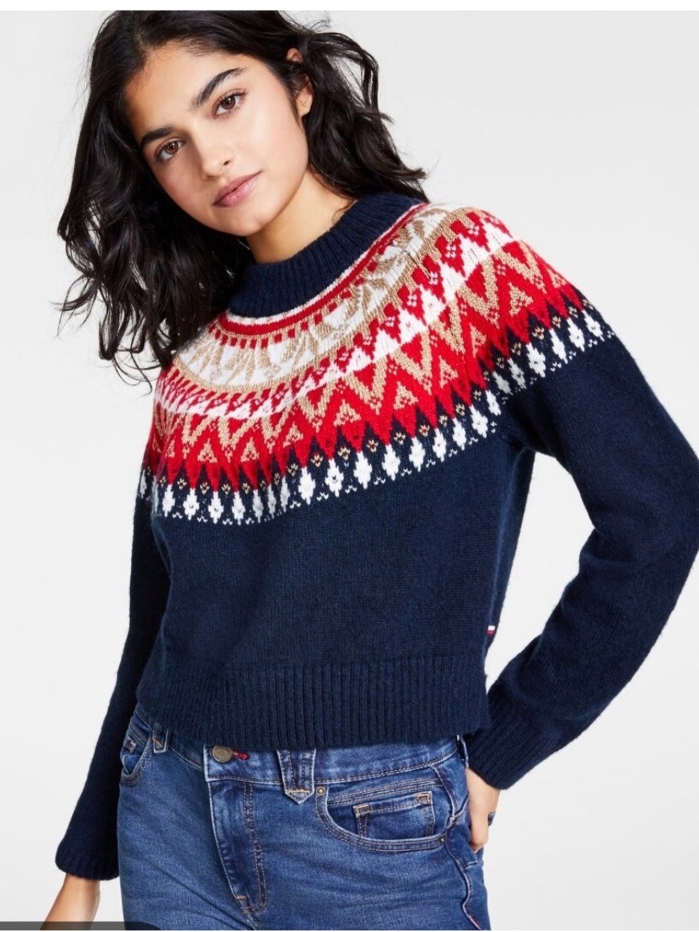 Tommy Hilfiger Navy Fair Isle Crewneck Sweater Christmas Holiday Gold
